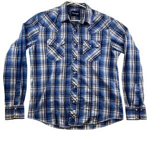 Wrangler Mens Western Shirt Large Blue Plaid With Pearl Snaps